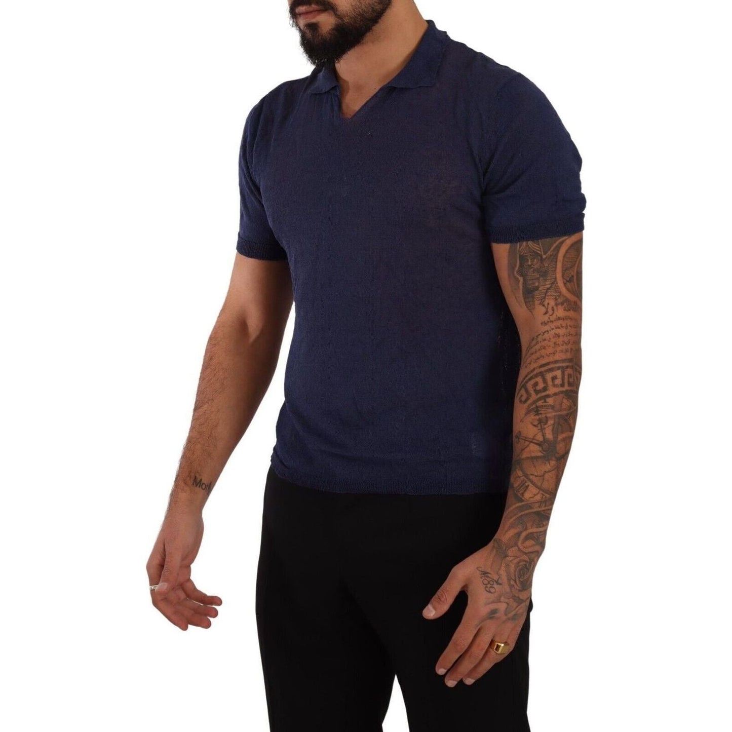 Daniele Alessandrini Navy Linen Blend Collared T-Shirt navy-blue-linen-collared-t-shirt