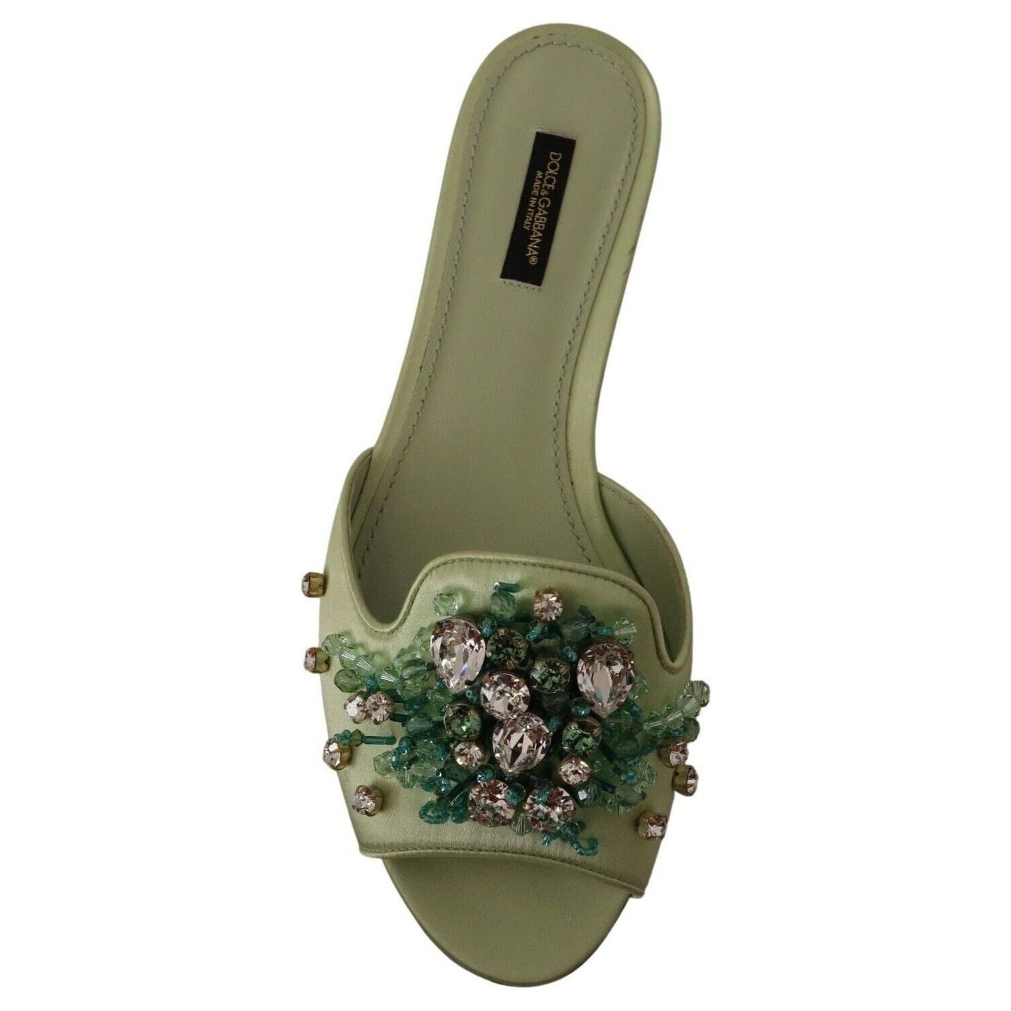 Dolce & Gabbana Elegant Crystal-Embellished Green Leather Slides green-leather-crystals-slides-women-flats-shoes