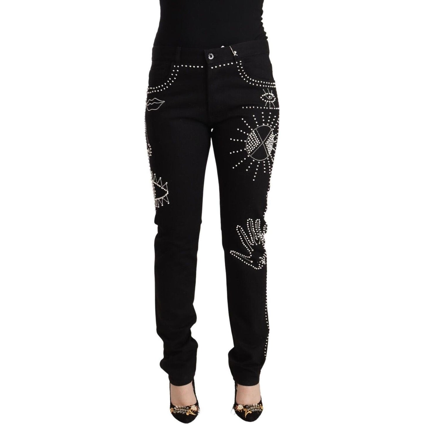 Valentino Embellished Black Mid-Waist Denim black-cotton-mid-waist-embellished-slim-fit-jeans
