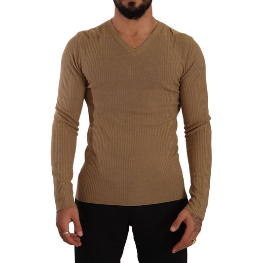 Ermanno Scervino Classic V-Neck Wool Sweater in Brown brown-wool-knit-v-neck-men-pullover-sweater