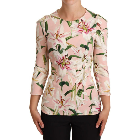 Dolce & Gabbana Pastel Pink Lily Print Fitted Blouse Blouse Top pink-lily-print-viscose-long-sleeves-blouse