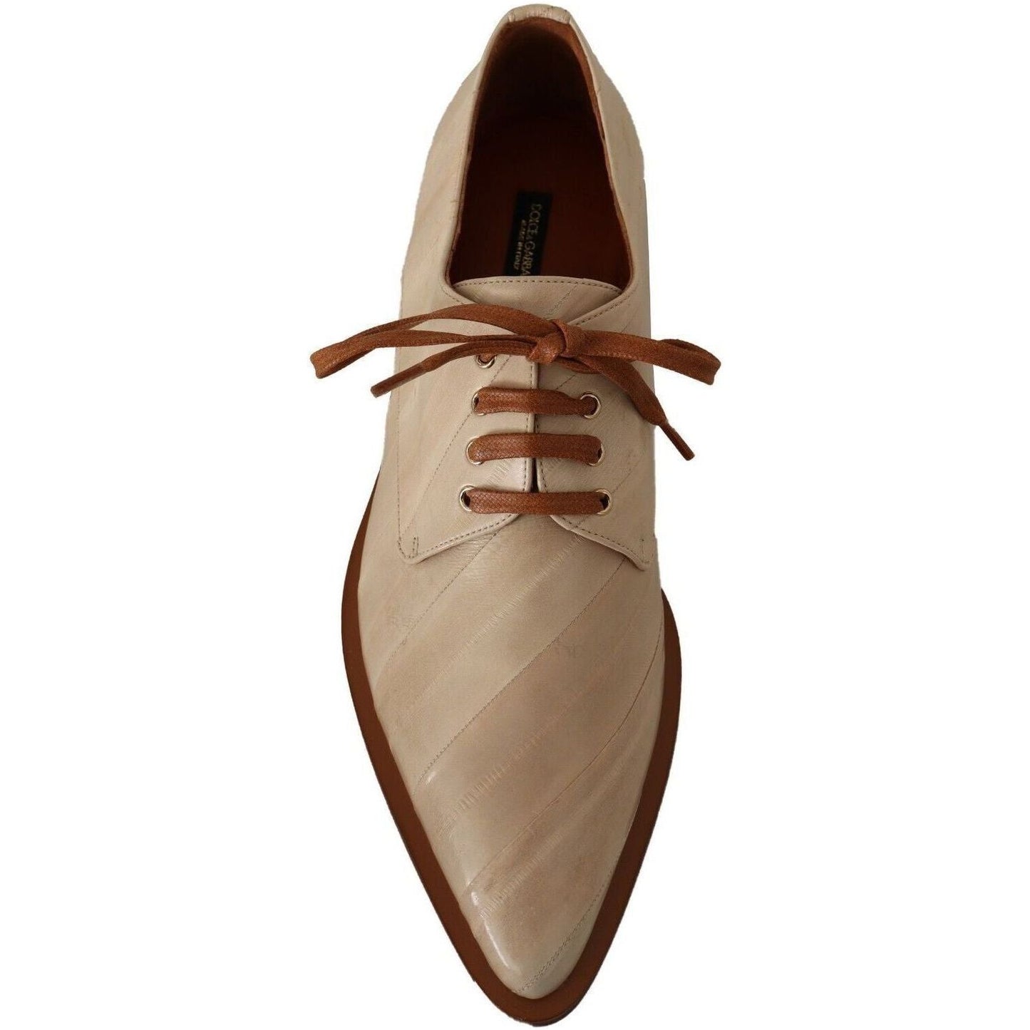 Dolce & Gabbana Elegant Beige Eel Leather Formal Flats white-eel-leather-lace-up-formal-flats-shoes