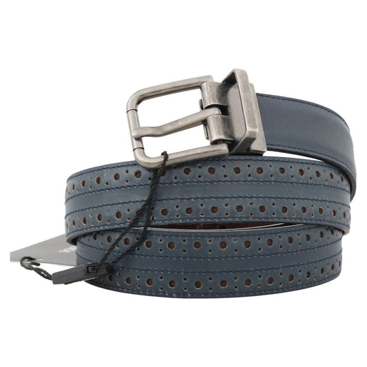 Dolce & Gabbana | Blue Perforated Leather Gray Buckle Belt - McRichard Designer Brands
