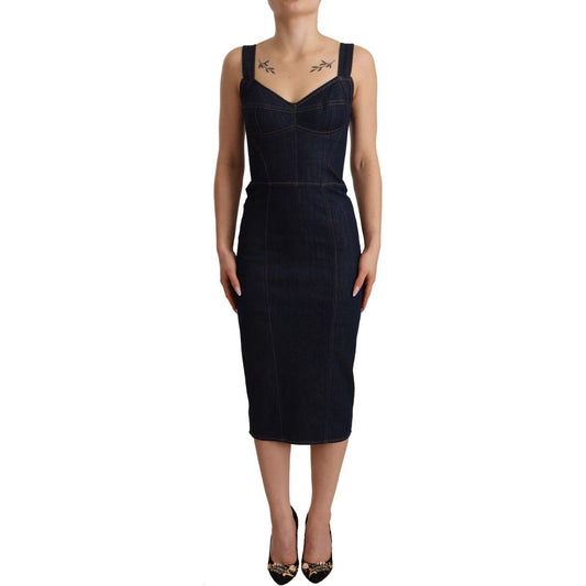 Dolce & Gabbana Elegant Dark Blue Denim Sheath Midi Dress dark-blue-cotton-denim-sheath-midi-dress