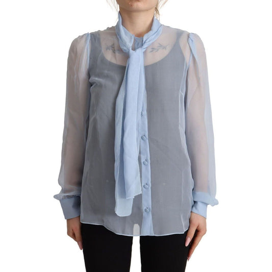 Dolce & Gabbana Elegant Silk Ascot Collar Blouse light-blue-silk-ascot-collar-long-sleeves-blouse-top