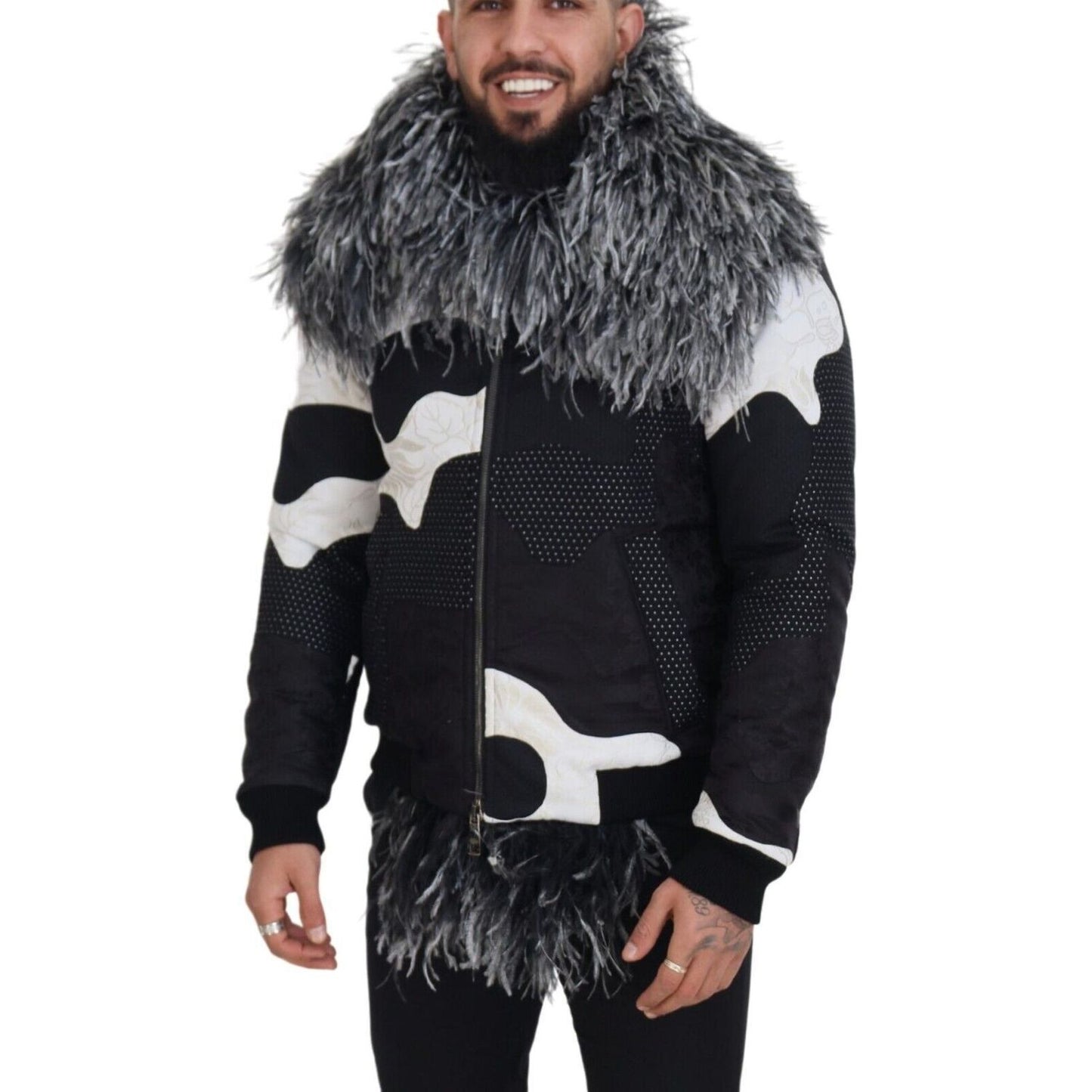 Dolce & Gabbana Elegant Shearling Zip Jacket in Black & White black-white-fur-shearling-full-zip-jacket