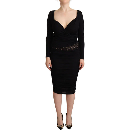 GF Ferre Elegant Black Sheath Dress with Sweetheart Neckline WOMAN DRESSES black-long-sleeves-sweetheart-neck-midi-dress
