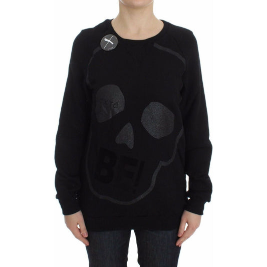 Exte Chic Skull Motif Crew-Neck Cotton Sweater black-cotton-motive-print-crewneck-pullover-sweater