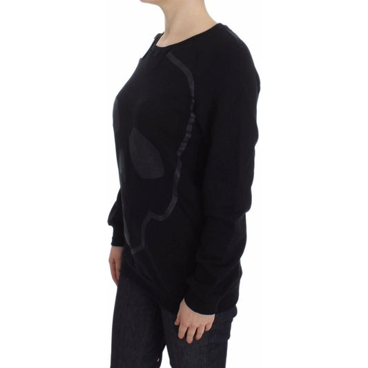 Exte Chic Skull Motif Crew-Neck Cotton Sweater black-cotton-motive-print-crewneck-pullover-sweater