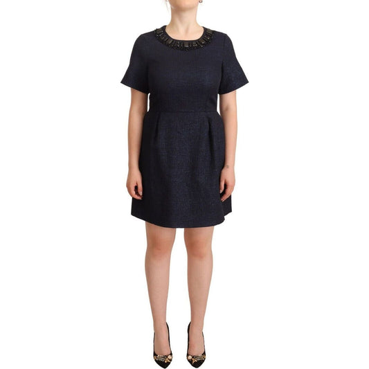 L'Autre Chose Elegant A-Line Embellished Mini Dress black-embellished-short-sleeves-mini-a-line-dress