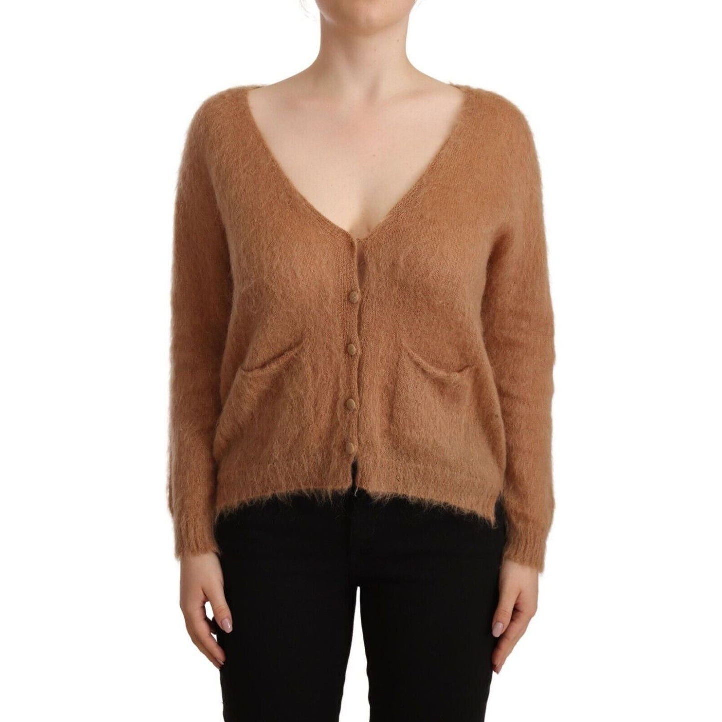 PINK MEMORIES Chic Brown Knit Cardigan with Front Button Closure brown-cardigan-v-neck-long-sleeve-sweater