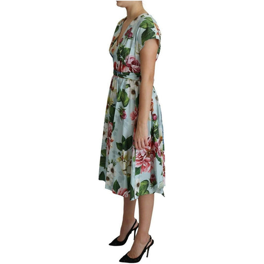 Dolce & Gabbana Floral Elegance V-Neck Cotton Dress WOMAN DRESSES green-floral-short-sleeves-v-neck-dress