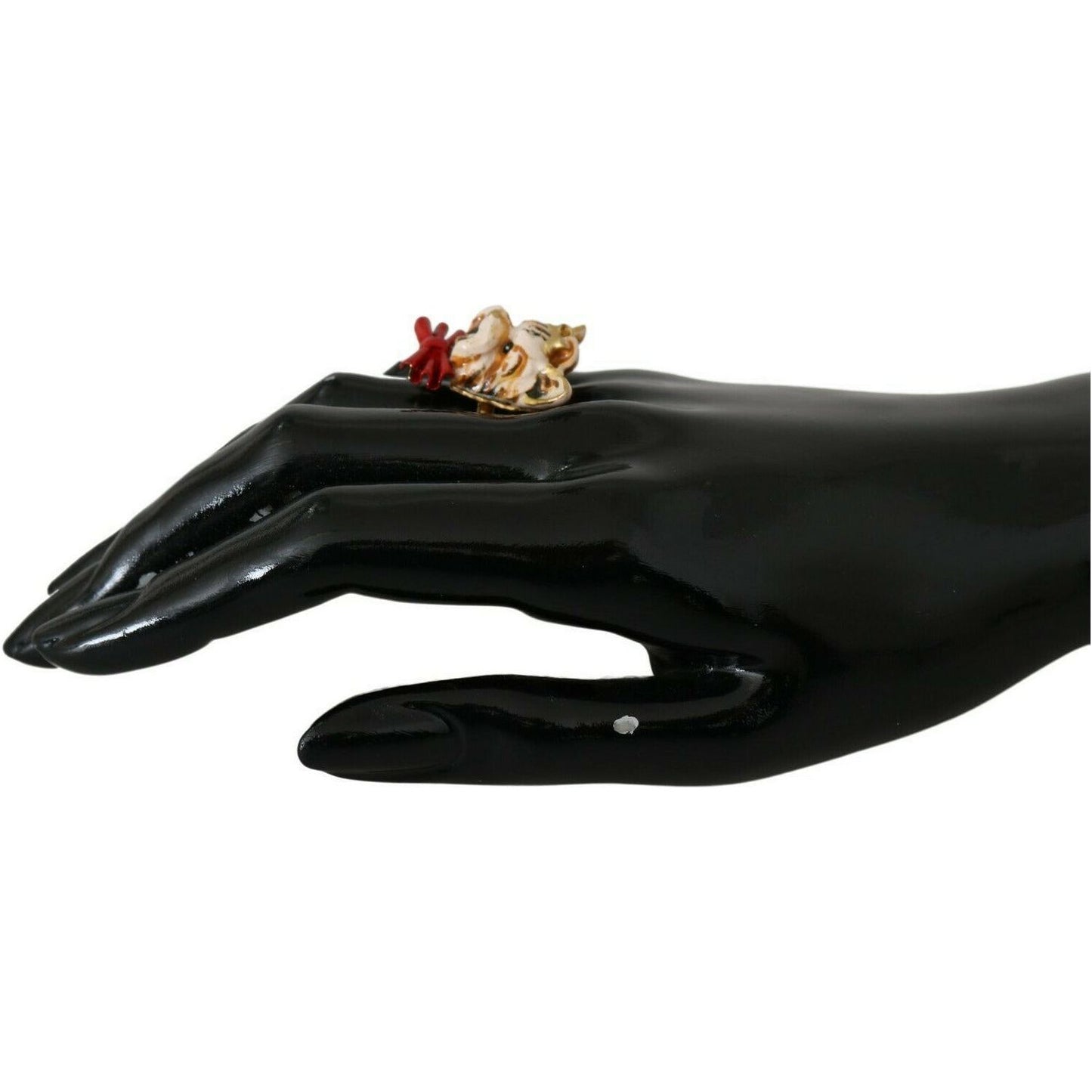 Dolce & Gabbana Elegant Canine Charm Women's Ring gold-brass-resin-beige-dog-pet-branded-accessory-ring-1