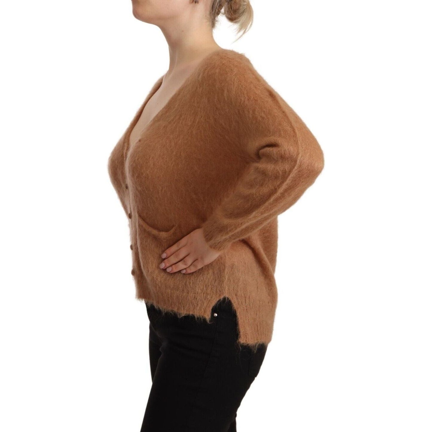 PINK MEMORIES Chic Brown Knit Cardigan with Front Button Closure brown-cardigan-v-neck-long-sleeve-sweater