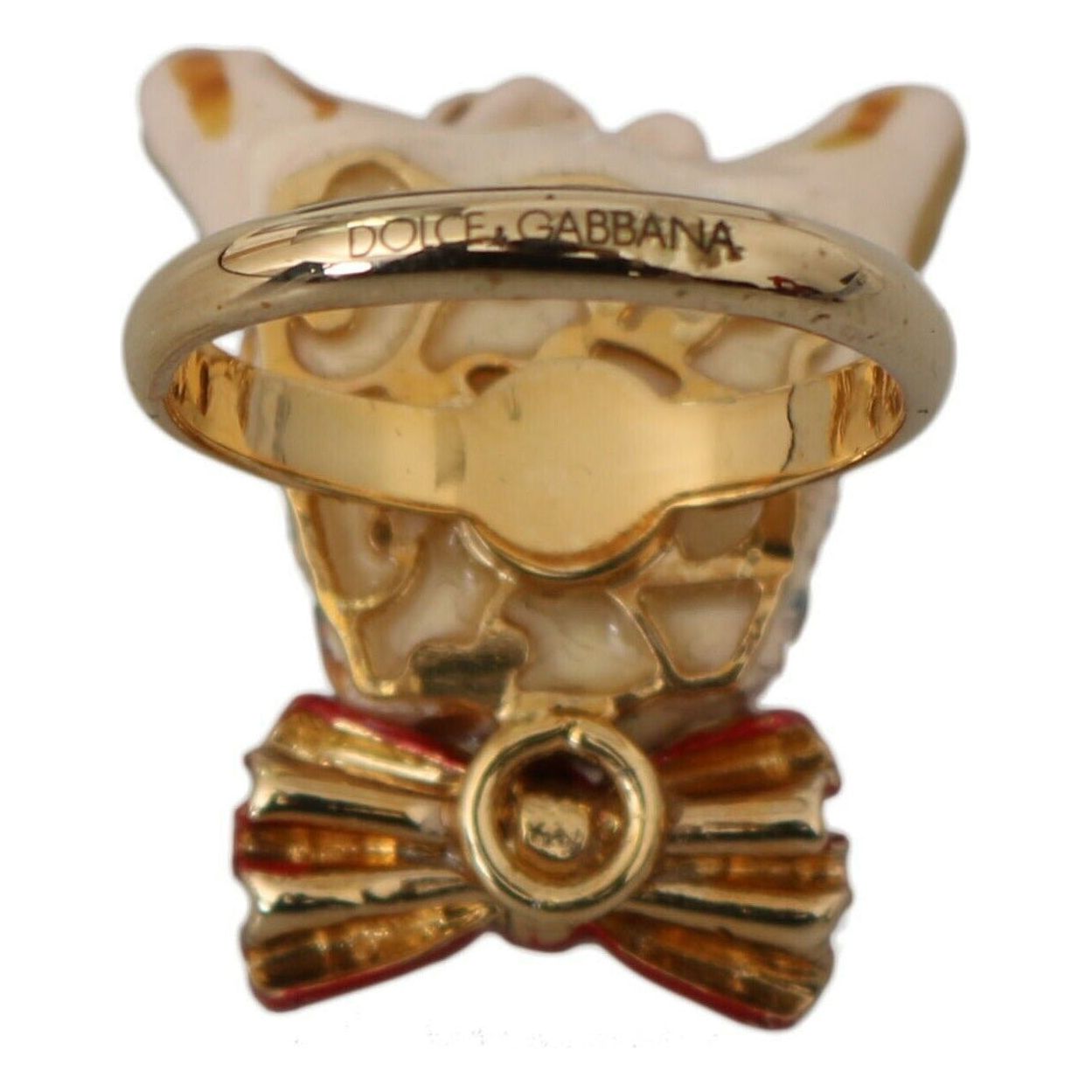 Dolce & Gabbana Elegant Canine Charm Women's Ring gold-brass-resin-beige-dog-pet-branded-accessory-ring-1