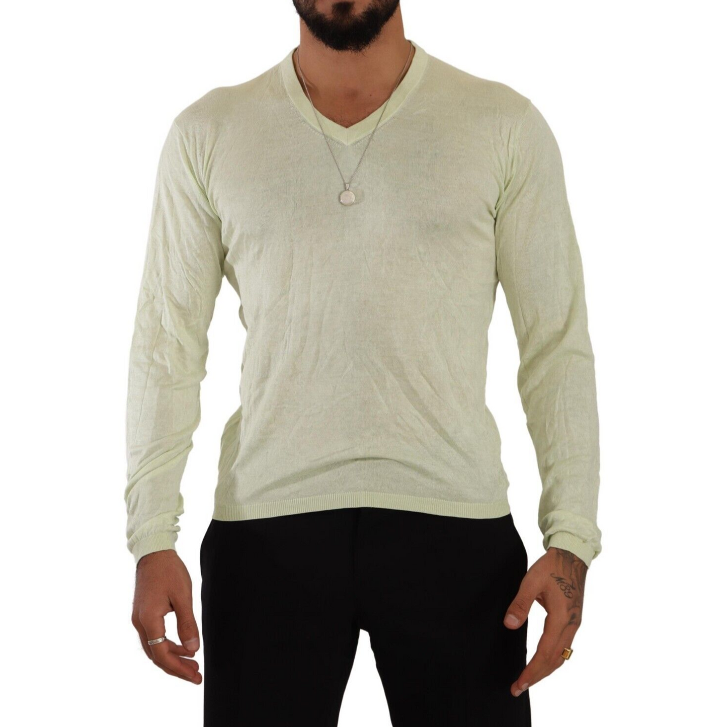 Domenico Tagliente Elegant Silk V-Neck Pullover Sweater yellow-v-neck-long-sleeves-pullover-sweater