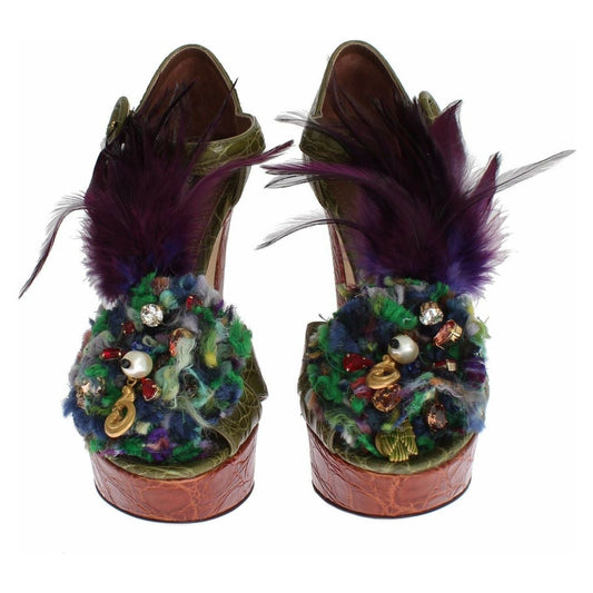 Dolce & Gabbana Crystal Enchanted Ankle Strap Sandals green-leather-crystal-platform-sandal-shoes