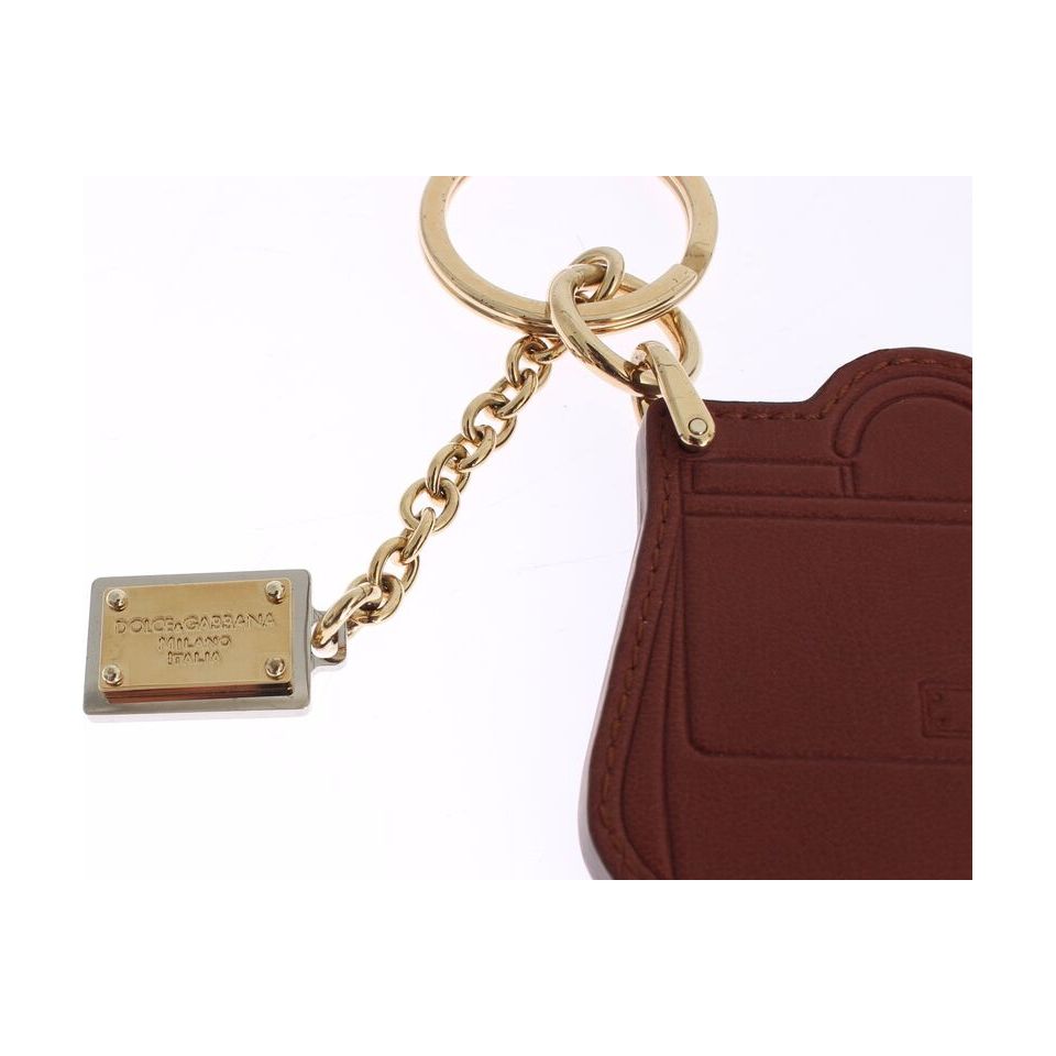 Dolce & Gabbana Elegant Brown Leather Keychain with Gold Detailing brown-leather-miss-sicily-gold-finder-chain-keychain