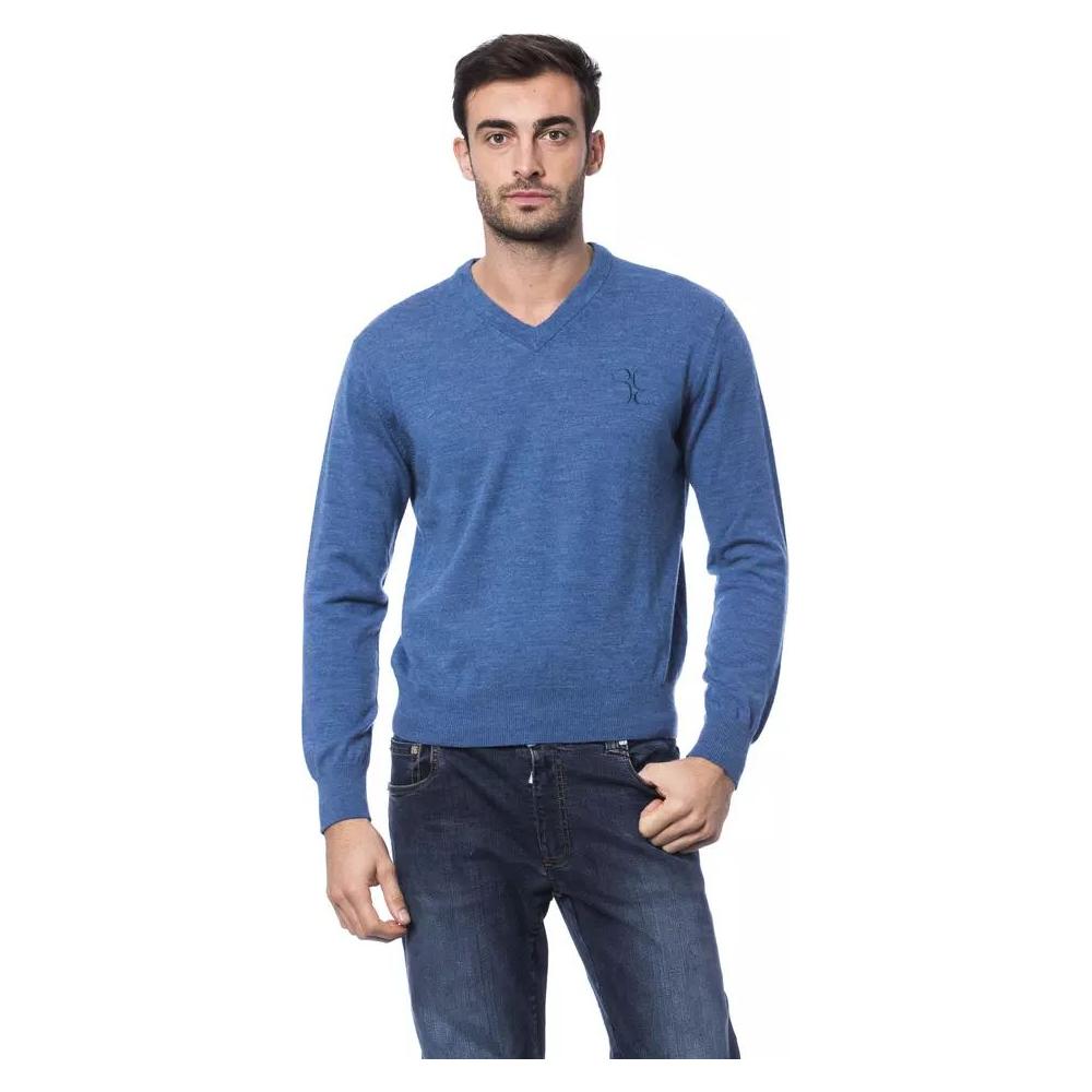 Billionaire Italian Couture Embroidered Merino Wool Crew Neck Sweater blue-merino-wool-sweater-1