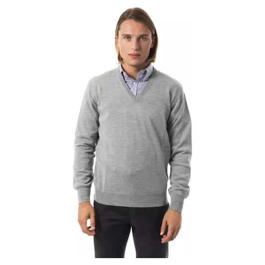Uominitaliani Embroidered Wool V-Neck Sweater - Elegant Gray grimd-sweater stock_product_image_17053_1703953358-25-bc787726-3f7.webp