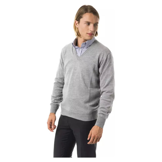 Uominitaliani Embroidered Wool V-Neck Sweater - Elegant Gray grimd-sweater