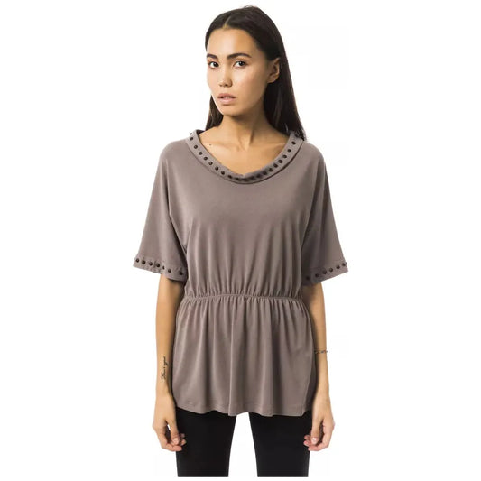 BYBLOS Elegant Gray Open Round Neck Tee gray-polyester-tops-amp-t-shirt