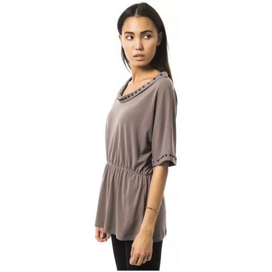 BYBLOS Elegant Gray Open Round Neck Tee gray-polyester-tops-amp-t-shirt