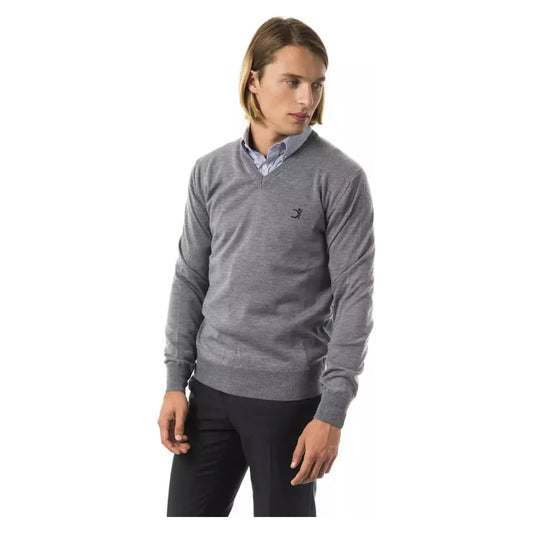 Uominitaliani Embroidered V-Neck Extrafine Merino Wool Sweater gri-sweater