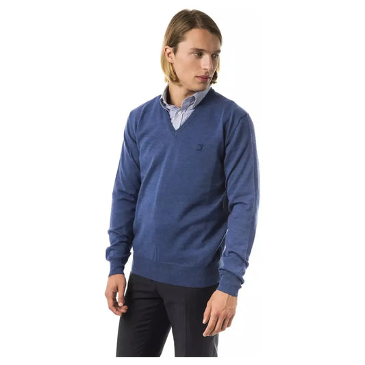Uominitaliani Embroidered V-Neck Merino Wool Sweater avio-sweater-3