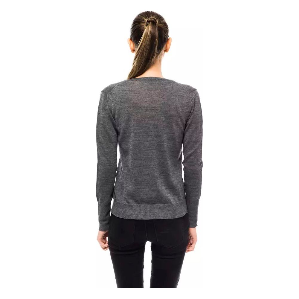 Ungaro Fever Elegant V-Neck Sweater with Chic Logo Detail gray-wool-sweater-1