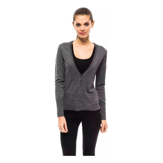 Ungaro Fever Elegant V-Neck Sweater with Chic Logo Detail gray-wool-sweater-1 stock_product_image_8216_2132478406-28-bf5ceeb0-404.jpg