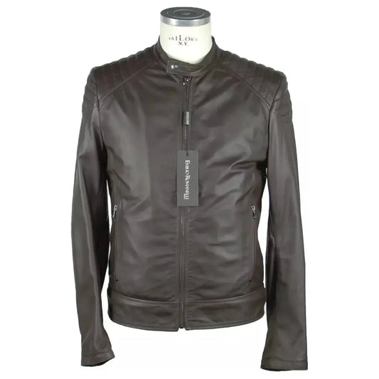 Emilio Romanelli Elegant Brown Leather Zip Jacket brown-leather-jacket-3