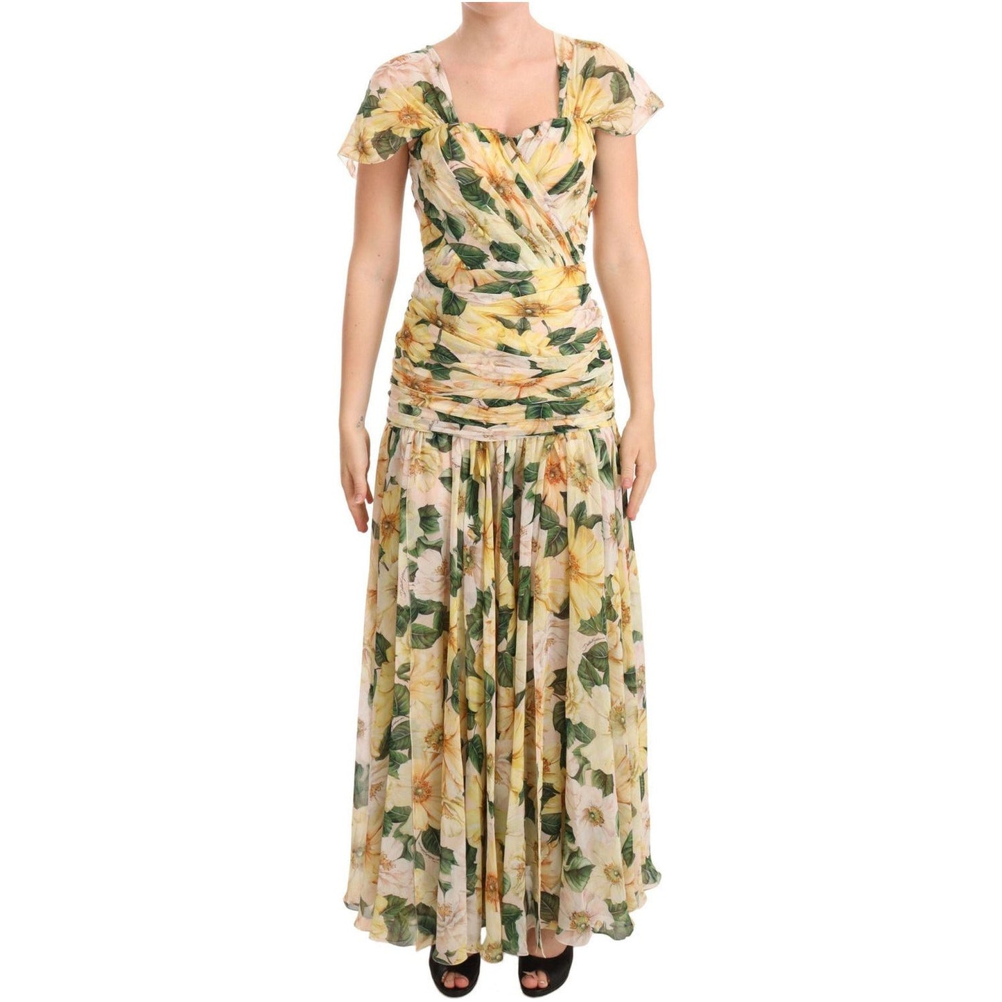 Dolce & Gabbana Floral Elegance Silk Pleated Maxi Dress WOMAN DRESSES yellow-silk-floral-print-pleated-max-dress